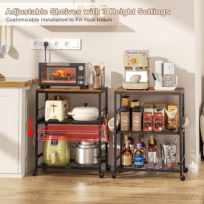 Microwave Cart with Adjustable Drawer Slider Shelves, 3 Tier Rolling Kitchen Microwave Stand with Storage, Small Kitchen Utility Cart on Lockable Wheels, Coffee Cart with Hooks