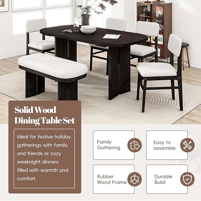 Merax Farmhouse Wooden Dining Set of 6, 65 Inch Rectangular Kitchen Table, Upholstered 4 Chairs with Backrest, Bench with Cushion, Easy Assemble, Espresso