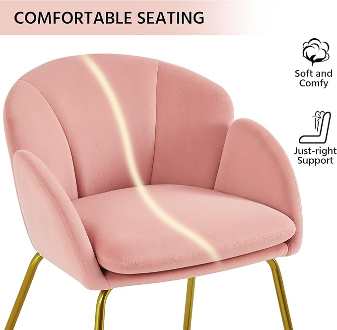 Yaheetech Flower Shape Velvet Vanity Chair, Modern Side Armchair Makeup Chair no Wheels with Golden Metal Legs for Living Room/Dressing Room/Bedroom/Home Office/Kitchen, Pink