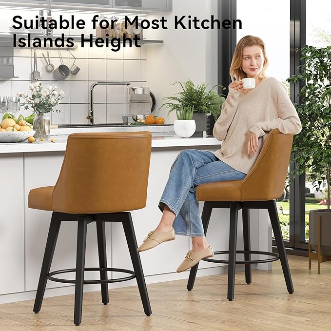 Vipbear Swivel Counter Height Bar Stools Set of 4,26.8" H Counter Stools with Back, Mid Century Modern Bar Stools for Kitchen Island,Faux Leather,Wooden Base, Brown