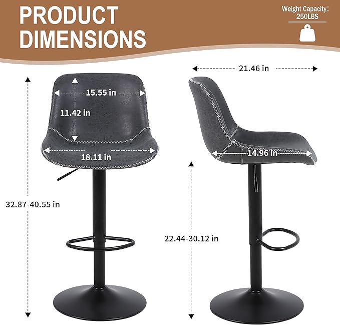 Bar Stools, Swivel Counter Height Barstools with Back, Adjustable Modern Bar Chairs, Tall Armless PU Leather Kitchen Island Stool (Black 02, Set of 4)