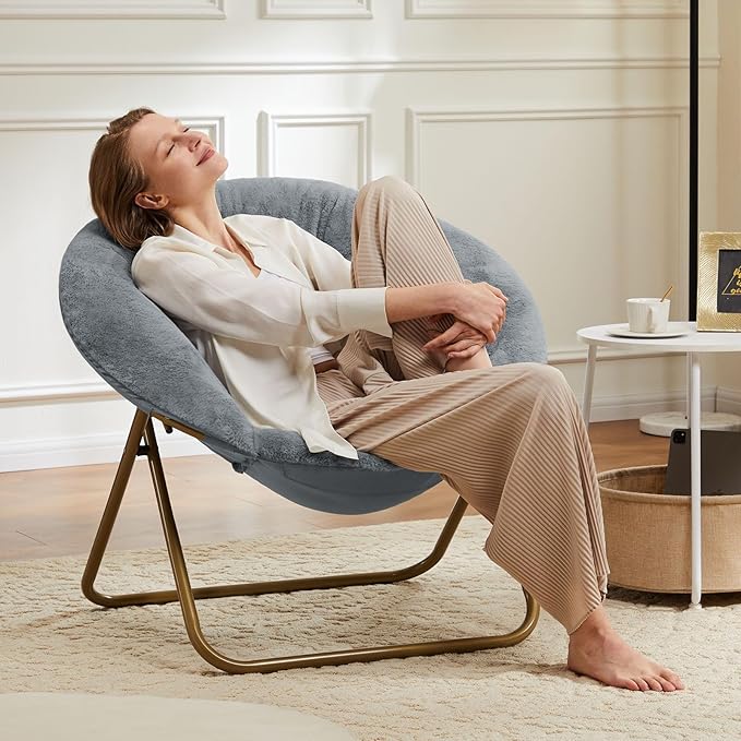 Saucer Chair Faux Fur with Soft and Thick Padded Seat Metal Frame, Modern Style Folding Cozy Chair for Bedroom, Living Room,XL, Grey