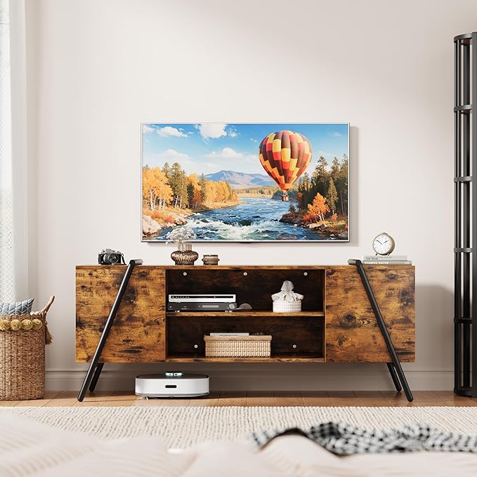 Garvee 55 Inch TV Stand with Slanted Metal Legs, Industrial Media Console with Adjustable Open Shelves, Wooden Entertainment Center Television Stand for Living Room, Bedroom, Orange Oak