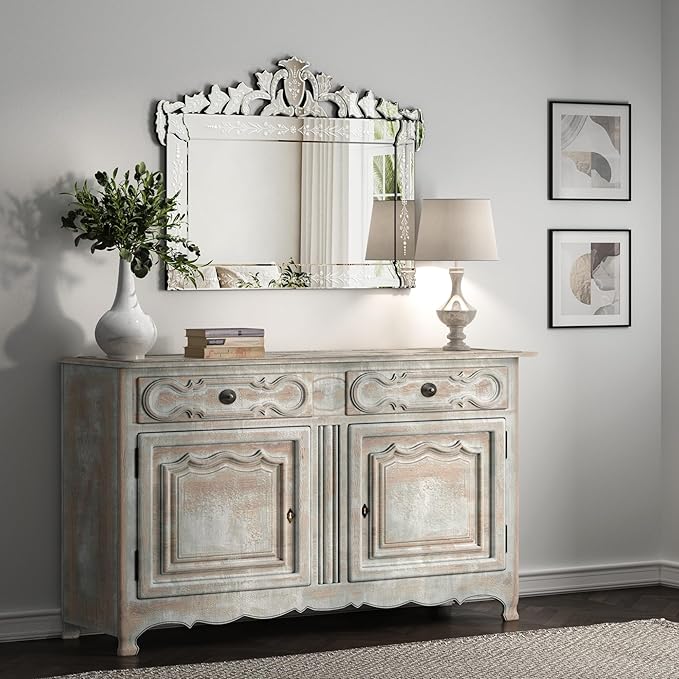 KOHROS Large Decorative Wall Mirrors for Living Room 41x31 Inch Venetian Wall Mirror with Ornate Crown, Etched Floral Design Beveled Edge Rectangle Decorative Mirror for Bedroom Dining Room Hallway