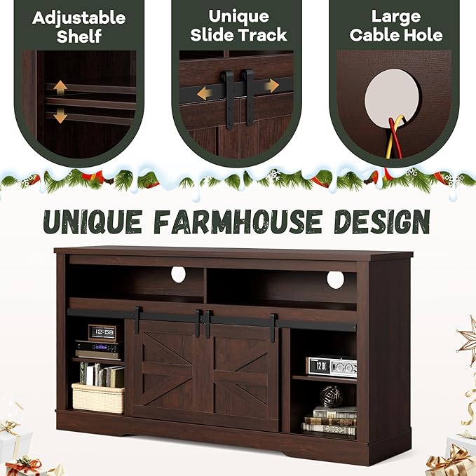YESHOMY Fireplace TV Stand for Television up to 65+ Inch with Storage and Farmhouse Sliding Barn Doors, Entertainment Center with Cabinet and Shelves, Media Console for Living Room, Dark Brown