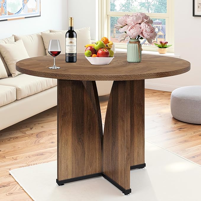Round Dining Table for 4, 39 Inch Small Dinner Table Farmhouse Wooden Circle Kitchen Tables with Cross Base for Dining Room, Kitchen, Living Room, Brown
