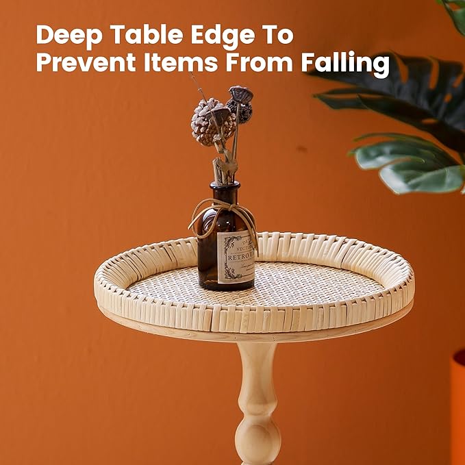 Drink Table，Rattan Round Small Side Table for Small Spaces, Boho Circle End Table Coffee Table with Solid Wood Leg for Living Room, Pedestal Table for Bedroom, Corners