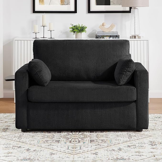 Twin Size Sofa Bed 47.2" Sleeper Sofa Loveseat Sofa with a Foldable Mattress, a Foldable Side Table, a Side Storage Pocket and Two USB Ports for Living Room, Black