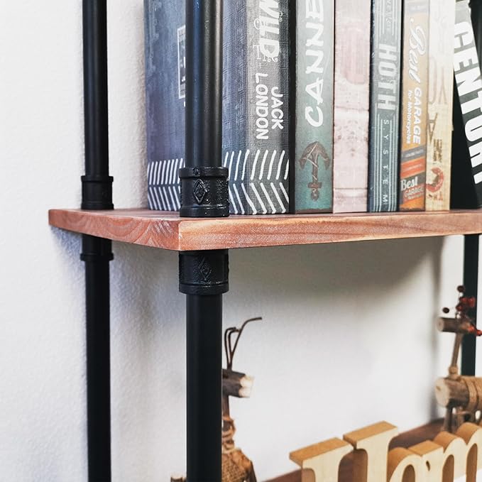 Industrial Bookshelf, 3 Tier Pipe Shelving, Industrial Pipe Shelf - Weathered Brown, 29.5" L x 11.8" W x 39" H