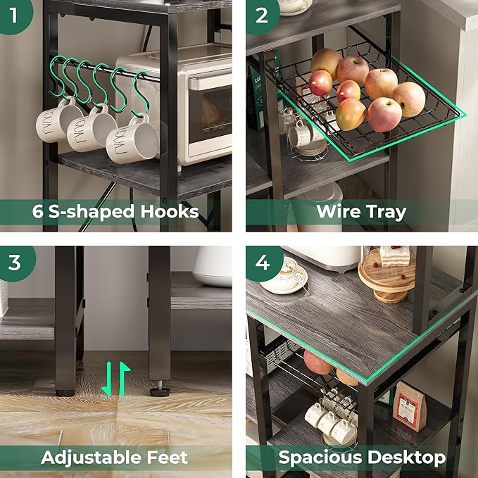 SUPERJARE Bakers Rack with Power Outlet, 35.4 Inches Coffee Bar with Wire Basket, Kitchen Microwave Stand with 6 S-Shaped Hooks, Open Storage Shelves, Charcoal Gray