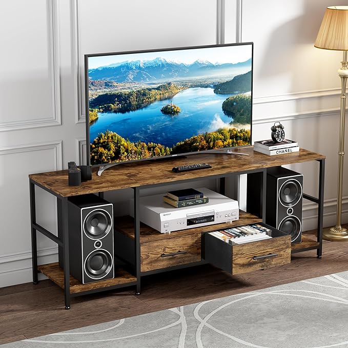 TV Stand for 75 Inch TV, TV Stands for Living Room with 2 Storage Drawers, Entertainment Center with Power Outlets, TV Stand for Bedroom, Television Stands, Brown/Black