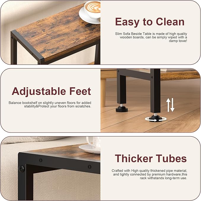 Narrow Side Table for Small Space, 2-Tier Small End Table with Shelf Holder, Slim Nightstand, Skinny Snack Couch Table in Living Room, Bedroom, Study, Kitchen and Balcony (Rustic Brown)