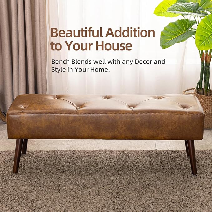 Furniliving 44 Inch Tufted Leather Bench, Leather Footrest Stool Bedroom Bench Seat, Upholstered Tufted Beathable Fabrics Ottoman Bench with X-Shaped Wood Legs for Kitchen, Solid Wood Indoor Bench