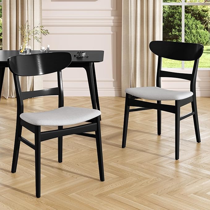 Set of 2 Solid Wood Dining Chairs, Fabric Upholstered Seat Mid-Century Modern Kitchen Furniture for Living Room, Light Gray+Black