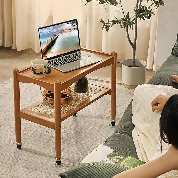 Rattan Side Table with Wheels, Small End Table with Storage, Narrow Wooden Bed Side Table for Living Room, Modern Slim Sofa Nightstand, 23.43" W*12.99" D*19.69" H, (Natural)