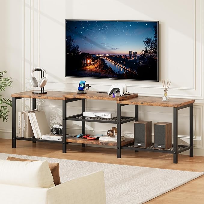 GarveeHome TV Stand with LED Lights for 55/65/75 Inch TV, 67 Inch Large Entertainment Center with Power Outlets, Media Console for Living Room, Bedroom, Vintage Brown