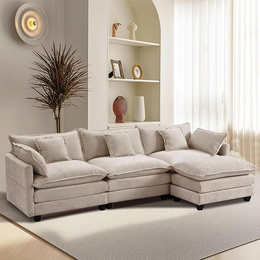 Furniliving 112‘’ L-Shaped Sofa, Luxury Chenille Modular Sectional Couches with Ottoman, Upholstered Deep Seat Sleeper Sofa with Memory Foam and Waist Pillows, Camel