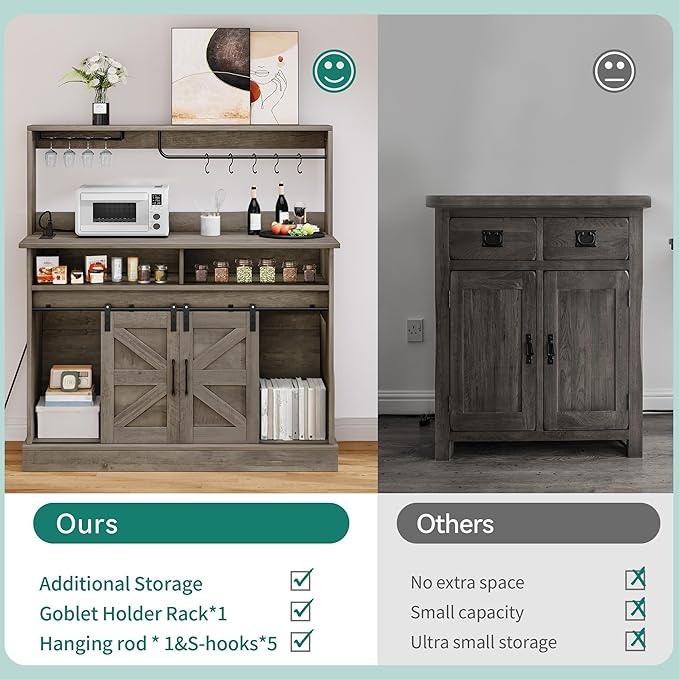 YITAHOME Buffet Cabinets with Storage, 47" Coffee Bar with Goblet Holder & Power Outlet, Farmhouse Sideboard Cabinets with Sliding Barn Doors for Kitchen, Living Room (Rustic Grey Oak)
