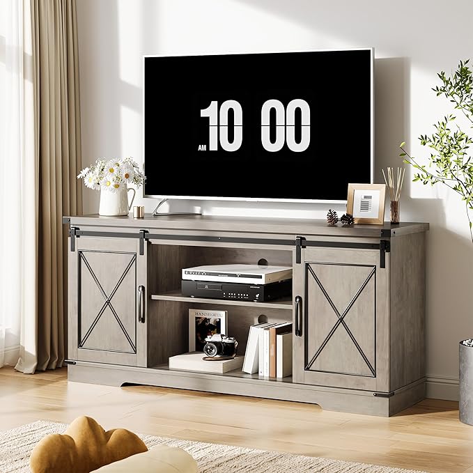 GarveeHome Farmhouse TV Stand for TV up to 65 Inches and Entertainment Center with Sliding Barn Doors and Adjustable Shelf, Tv Media Console Table with Storage Cabinet for Living Room, Bedroom, Grey