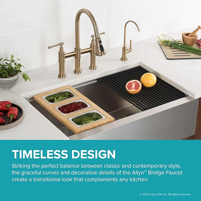 KRAUS Allyn Transitional Bridge Kitchen Faucet with Pull-Down Sprayhead in Brushed Gold, KPF-3121BG