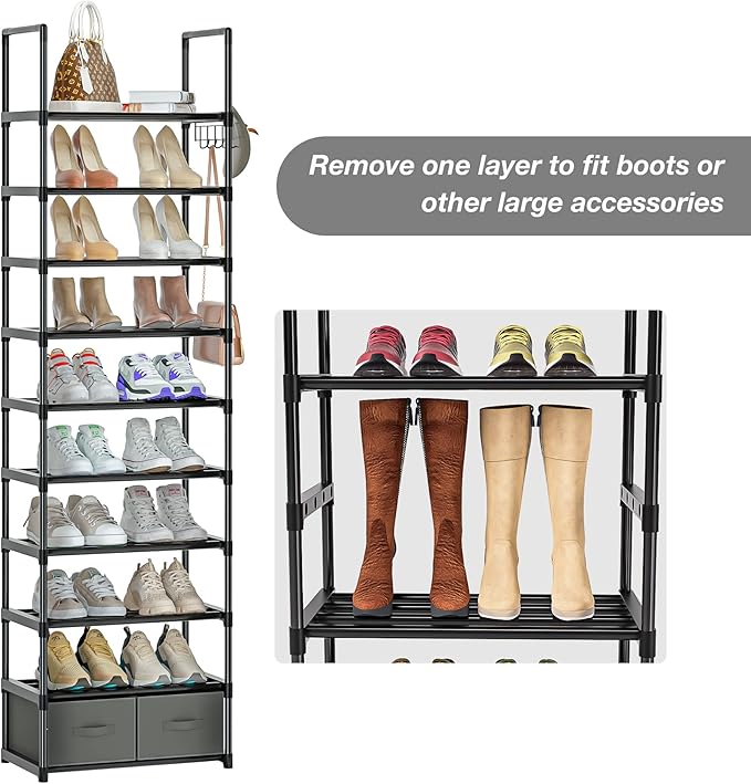 Tall Shoe Rack Narrow 10 Tier Shoes Rack 20 25 Pairs, Shoe Storage Organizer for Closet, Sturdy Metal Shoe Shelf Shoe Stand with 2 Boxes 1 Hook