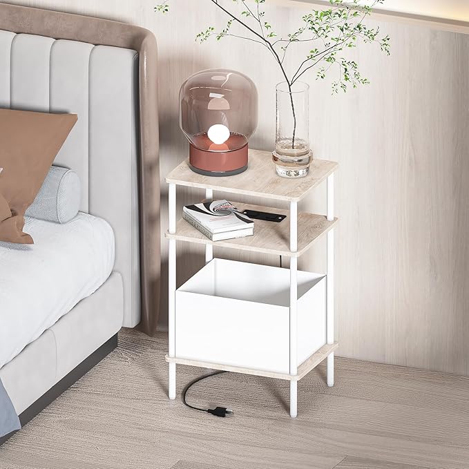 Small Side Table with Charging Station, Set of 2 End Table for Small Spaces, Slim Nightstand with Outlet,Sofa Beside Table, 3-Tier Storage Shelf,Living Room, Bed Room, Natrual Oak