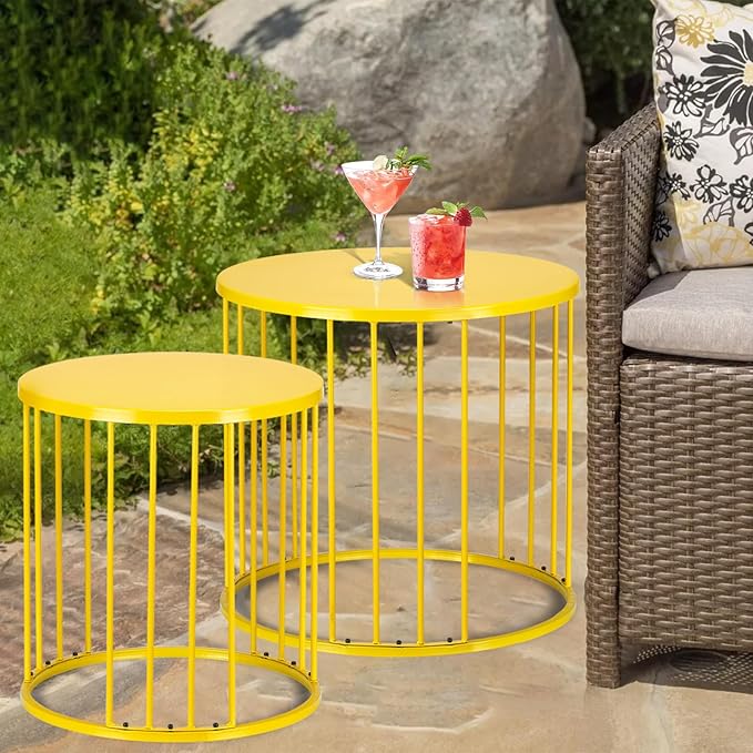 SUNNYPARK Outdoor Side Table Set of 2, Metal Circle Accent End Tables for Balcony Backyard Garden Indoor Living Room, Durable Black Nesting Coffee Tables, 20”+16” Dia