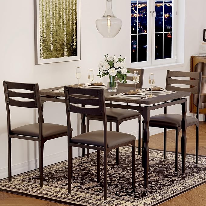 GarveeHome 5 Piece Dining Table Set, Industrial Style Dining Table and Chairs Set for 4, Kitchen Table Set for Dining Room Kitchen Apartment, Black