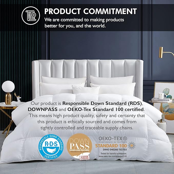 Luxurious White Solid Heavy Weight, Queen Size Goose Feathers Down Comforter for Winter Weather Duvet Insert, Premium Baffle Box, 100% Egyptian Cotton Cover, 65 oz. Fill Weight