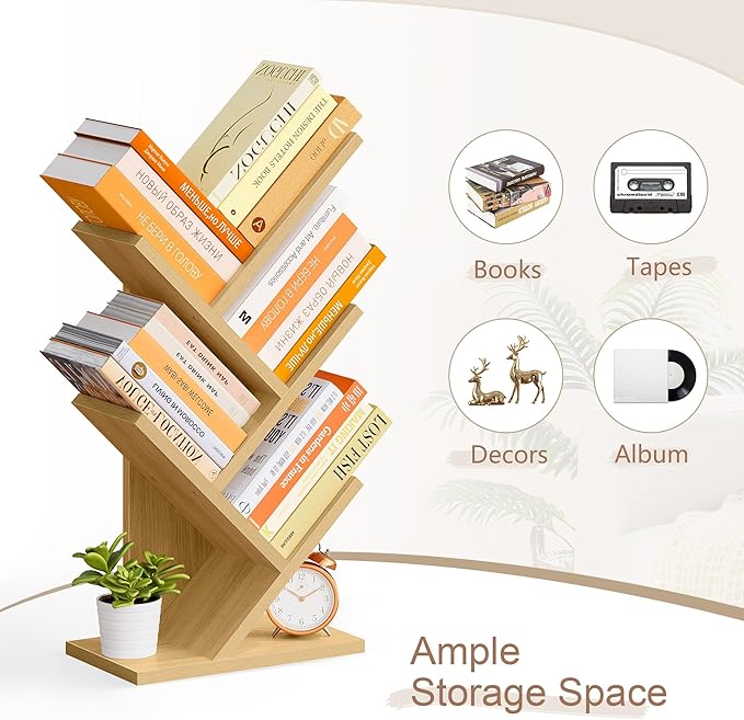 Hoctieon 4 Tier Tree Bookshelf, 4 Shelf Bookcase, Free Standing Tree Bookcase, Display Floor Standing Shelf for Books, Book Organizer Shelves for Home Office, Living Room, Bedroom, Yellow