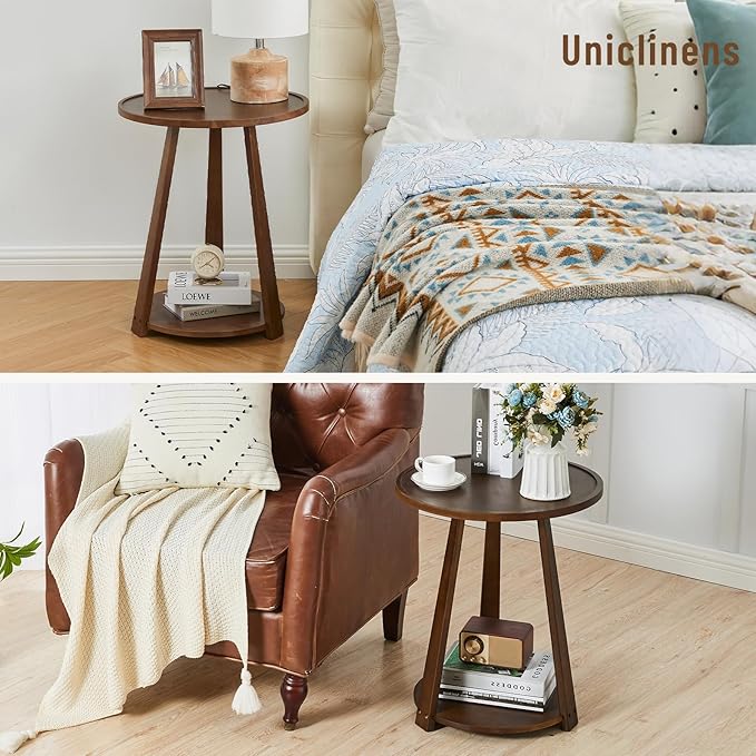 CozyDH Round End Table Living Room, Side Table with Lower Shelf Bedroom, Solid Rubberwood Night Stand with Storage Space, Sofa Couch Table Walnut