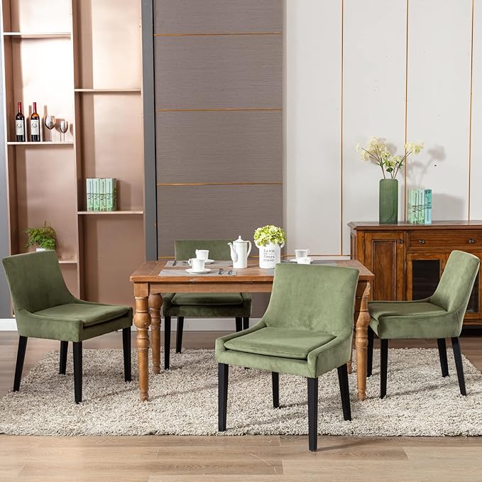 COLAMY Modern Dining Chairs Set of 4, Upholstered Corduroy Accent Side Chairs with Mid Back and Wood Legs for Living Room/Dining Room- Light Green