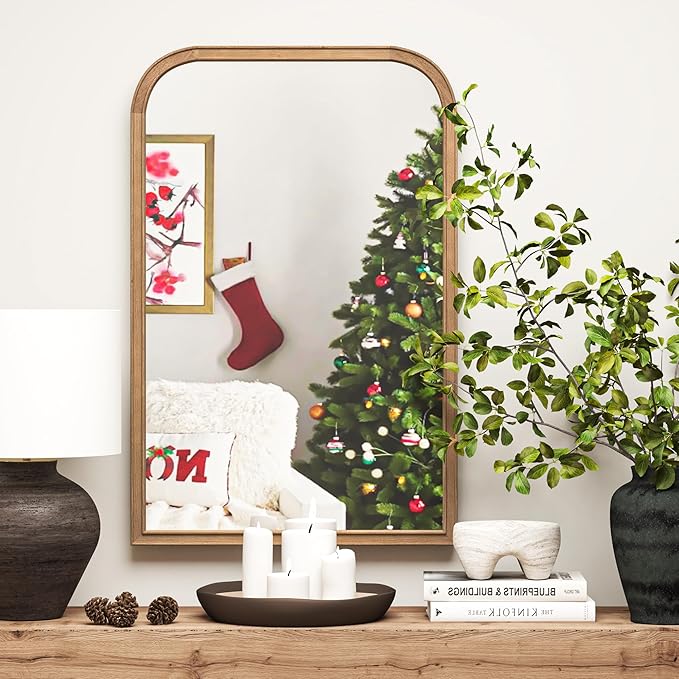 24"x36" Solid Wood Bathroom Mirror Tempered Glass for Wall Mounted, Rustic Wood Frame Wall Mirror Decorative for Bedroom Living Room Vanity Mirror Entryway Mirror, Brown