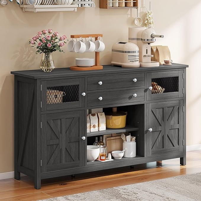 YITAHOME Farmhouse TV Stand for TVs up to 65", 59" Entertainment Center with 2 Large Drawers & Visual Grid Door, Rustic TV Media Console for Living Room, Dark Grey