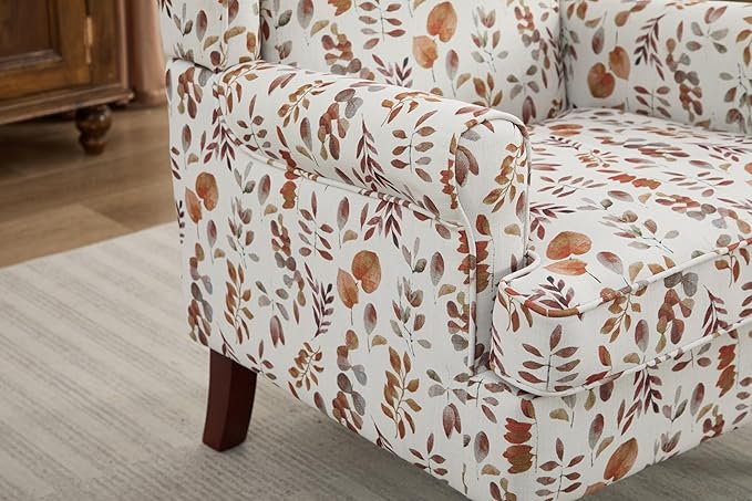 Ball & Cast Modern Accent Chair,Comfy Upholstered Armchair with Retro Wood Legs,Floral Design Single Sofa Chair,Living Room Furniture for Apartment,Bedroom,Office,Linen Fabric,Floral Yellow