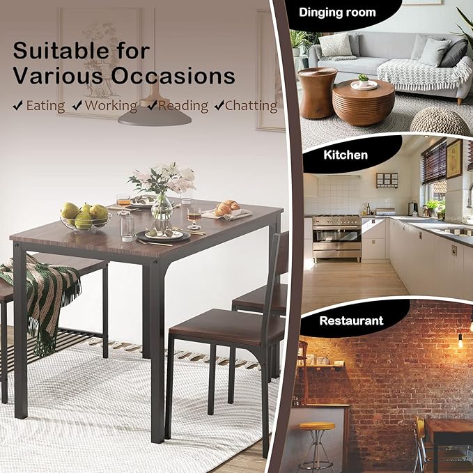 soges 4-Piece Dining Table Set with Bench - 4 Person Kitchen Table and 2 Chairs for Small Spaces, Apartment - Metal Frame & Woodgrain Tabletop, Space-Saving Design, Durable & Easy to Clean, Dark Oak