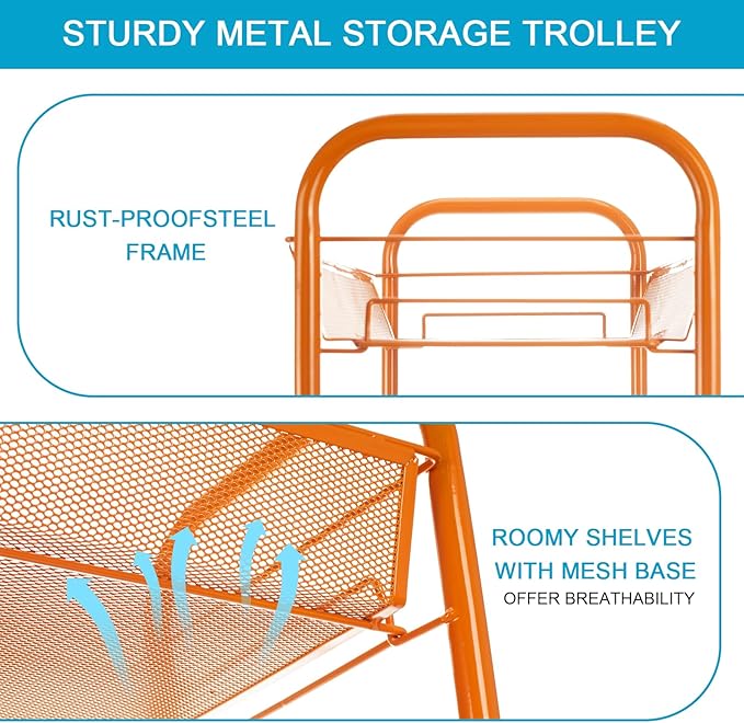 3-Tier Metal Rolling Cart, Storage Shelf with Lockable Caster Wheels, Mobile Storage Cart Used for Kitchen, Bathroom, Livingroom(Orange)
