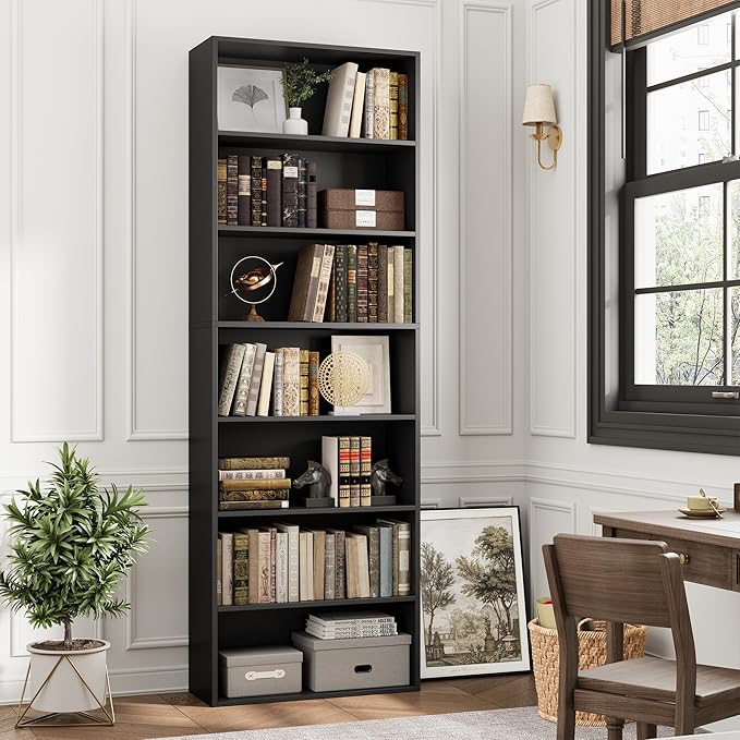 82" Tall Bookshelf, 7-Tier Open Shelves Bookcase, Freestanding Display Storage Shelves, Tall Bookcase Home Decor Furniture for Home Office, Living Room, Bedroom, Black