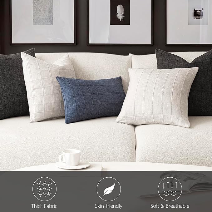 Foindtower Set of 2 Decorative Linen Check Throw Pillow Covers Neutral Farmhouse Vintage Cushion Covers Modern Boho Home Decor for Sofa Chair Couch Bedroom Living Room Outdoor,26×26 Inch,Charcoal