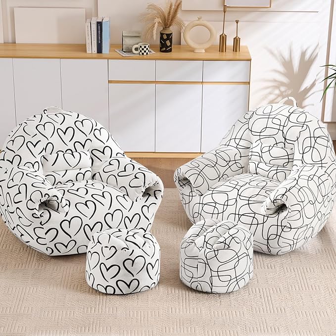 DAICO Bean Bag Chairs for Adults Comfy Accent Chair with Ottoman Floor Sofa Beanbag Couchs with Armrests White Single Lazy Sofa with Foam for Living Room Reading Bedroom Gaming (Cordate Pattern)