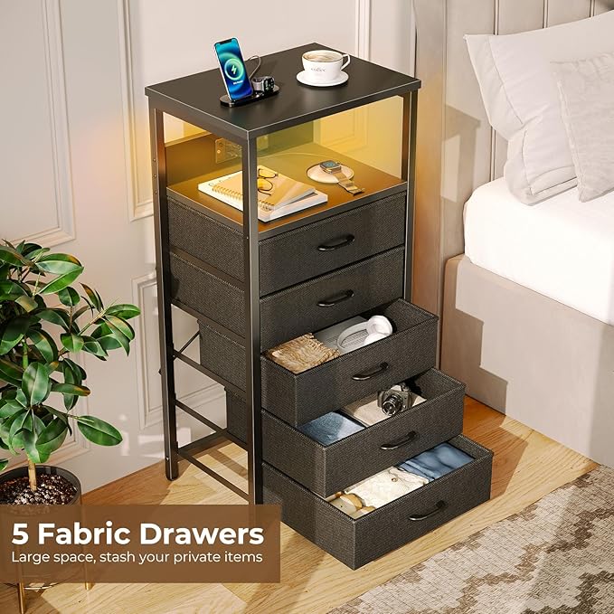 Seventable Night Stand with Charging Station, Tall Nightstand with 5 Fabric Storage Drawers, Side Table with LED Light for Bedroom, Entryway, Black, Set of 2
