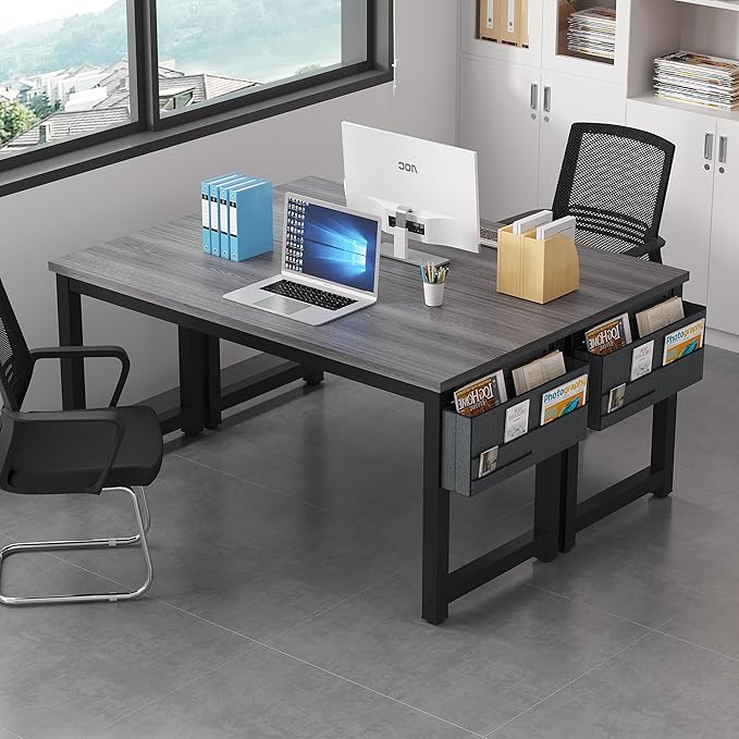 Large Computer Desk - 63 Inch Home Office Desks Study Student Writing Table Gaming Desk Wood Modern Simple Table with Storage Bag & Headphone Hooks, Grey