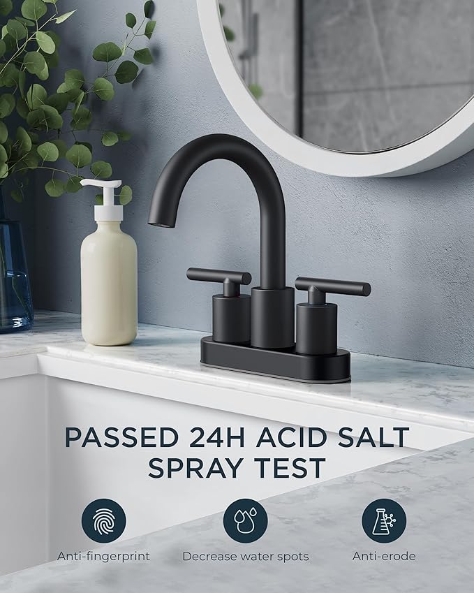 FORIOUS 4 Inch Centerset Bathroom Faucet Black 2 Hole, Two Handle Matte Black 4 Inch Faucet for Bathroom Sink Centerset with Metal Dain, Supply Line, and 360° Rotating Spout Rv Basin Tap
