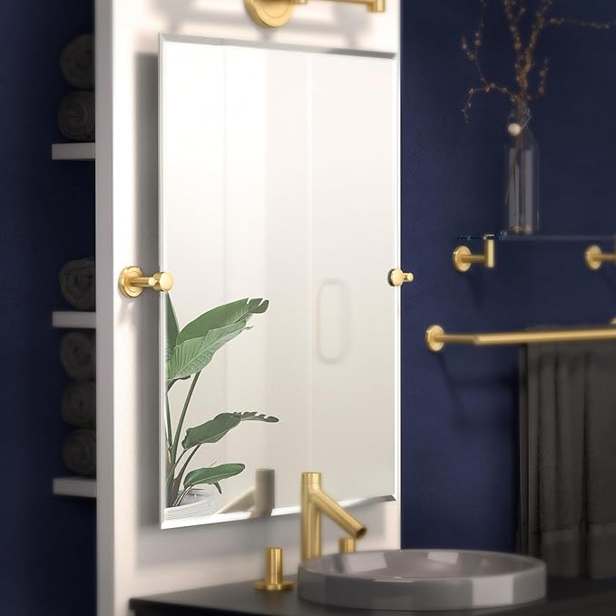 Gatco 4239S Latitude II, Frameless Rectangle Pivot Mirror, 31.5" H, Brushed Brass/Wall Mounted 31.5" H x 27.50" W Frameless Tilting Beveled Bathroom Vanity Mirror Wth Brushed Brass Brackets