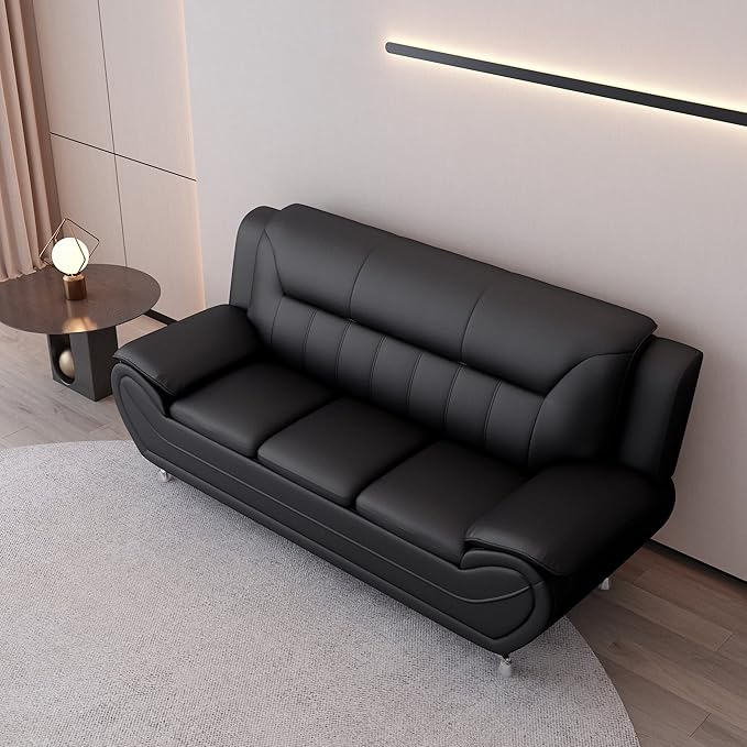 Container Furniture Direct Michael Modern Faux Leather Upholstered Stainless Steel Legs Living Room Sofa, Chair, Black