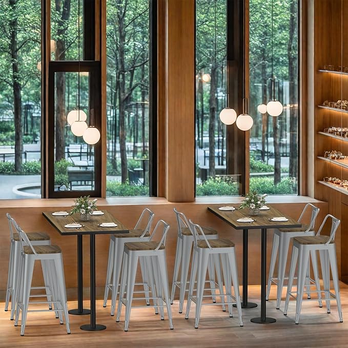Silver Bar Stools Set of 4, Metal Bar Stools with Wooden Seat, Modern 24”Counter Height Barstools with Low Back