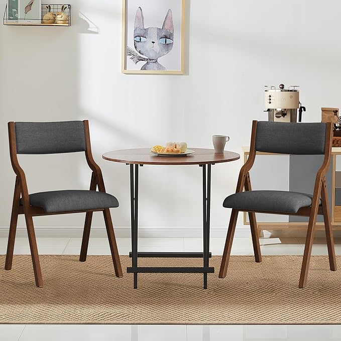 Ball & Cast Upholstered Folding Chairs Set of 2 with Ergonomically Designed Back and Solid Wood Frame, for Dining Room and Office,Indoor and Outdoor Events,Space Saving,Dark Grey+Walnut