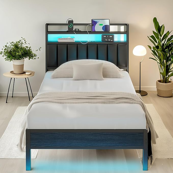 Twin Bed Frame with Headboard,Classic Metal Platform Bed Frame-LED Bed Frame with USB Charging Station,Mattress Foundatione-Under Bed Storage,No Box Spring Needed,Noise Free