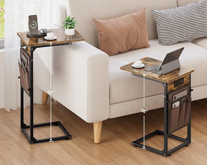 Vagusicc C Shaped End Table with Charging Station, Adjustable Height Side Table for Couch, Small Sofa Table with Storage Bag, Slide Under Sofa TV Tray Snack Arm Tables for Living Room, Bedroom, Brown