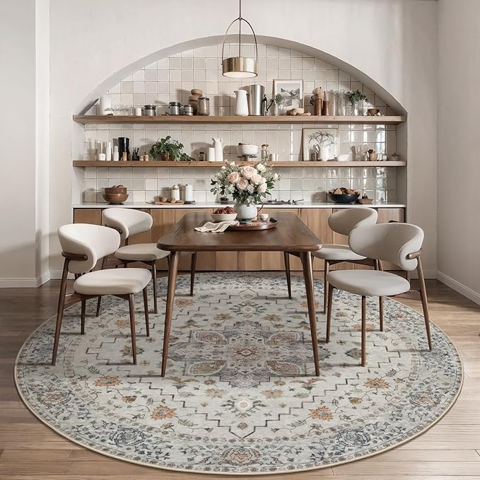 Tangsoo Vintage Round Rug 6ft,Washable Circle Rug, Non Slip Boho Round Area Rug,Low Pile Circular Rugs,Large Round Rugs Carpet for Livingroom,Bedroom,Nursery,Dorm,Office,Taupe